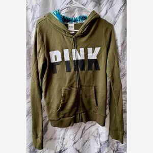 PINK Victoria's Secret Olive Green Zip-up Hoodie with Tropical Hood